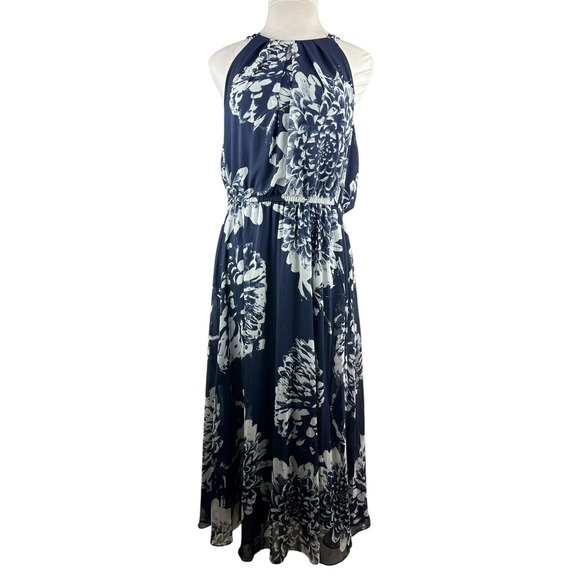 Lane Bryant Chiffon Overlay Pleated Maxi Halter Dress Navy Floral Plus Size 18 - Picture 2 of 15